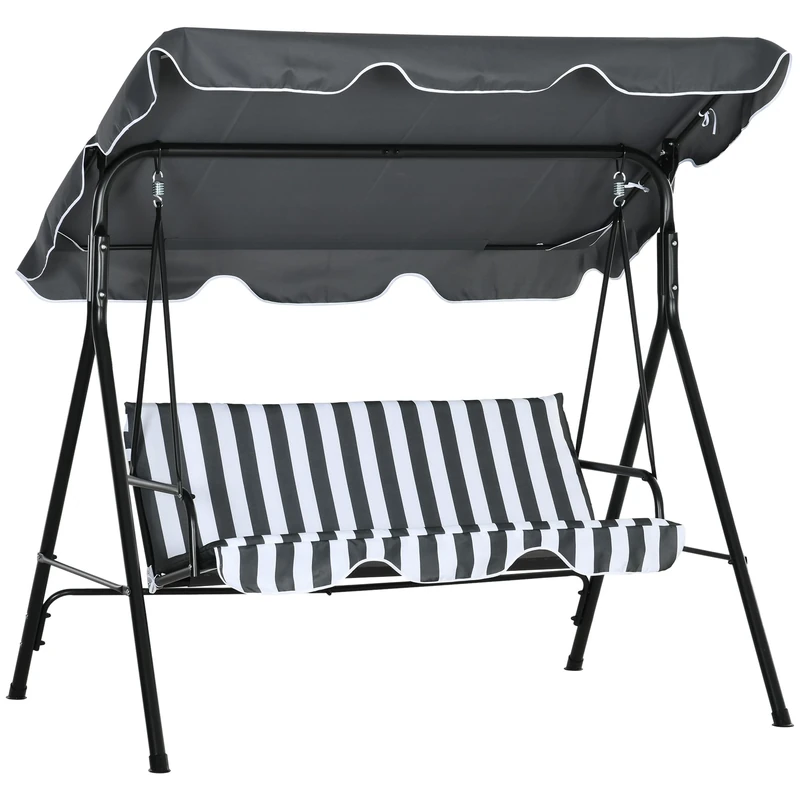 Outsunny 3 Seater Garden Swing Chair with Adjustable Tilting Canopy, Outdoor Hammock Bench with Steel Frame, Padded Seat for Patio Yard Outside, Grey and White