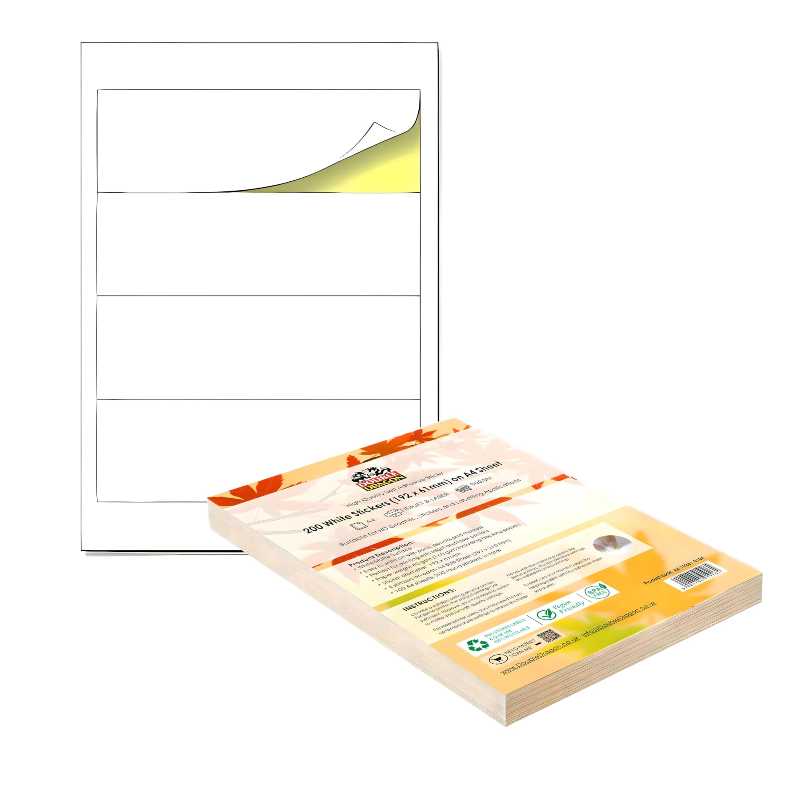 Double Dragon, 200 Self Adhesive Sticky Labels, 192mm x 61 mm, on 50 of A4 Sheets, Lever Arch File Folder Spine A4 - Laser/Inkjet Printing, Pen/Pencil/Marker Handwriting, | Multi-Purpose