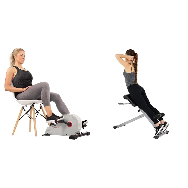 Sunny Health & Fitness Magnetic Under Desk Pedal Exerciser, Dual Function Mini Exercise Cycle Bike + 45 Degree Hyperextension Roman Chair, Steel, Grey, One Size SF-BH6629