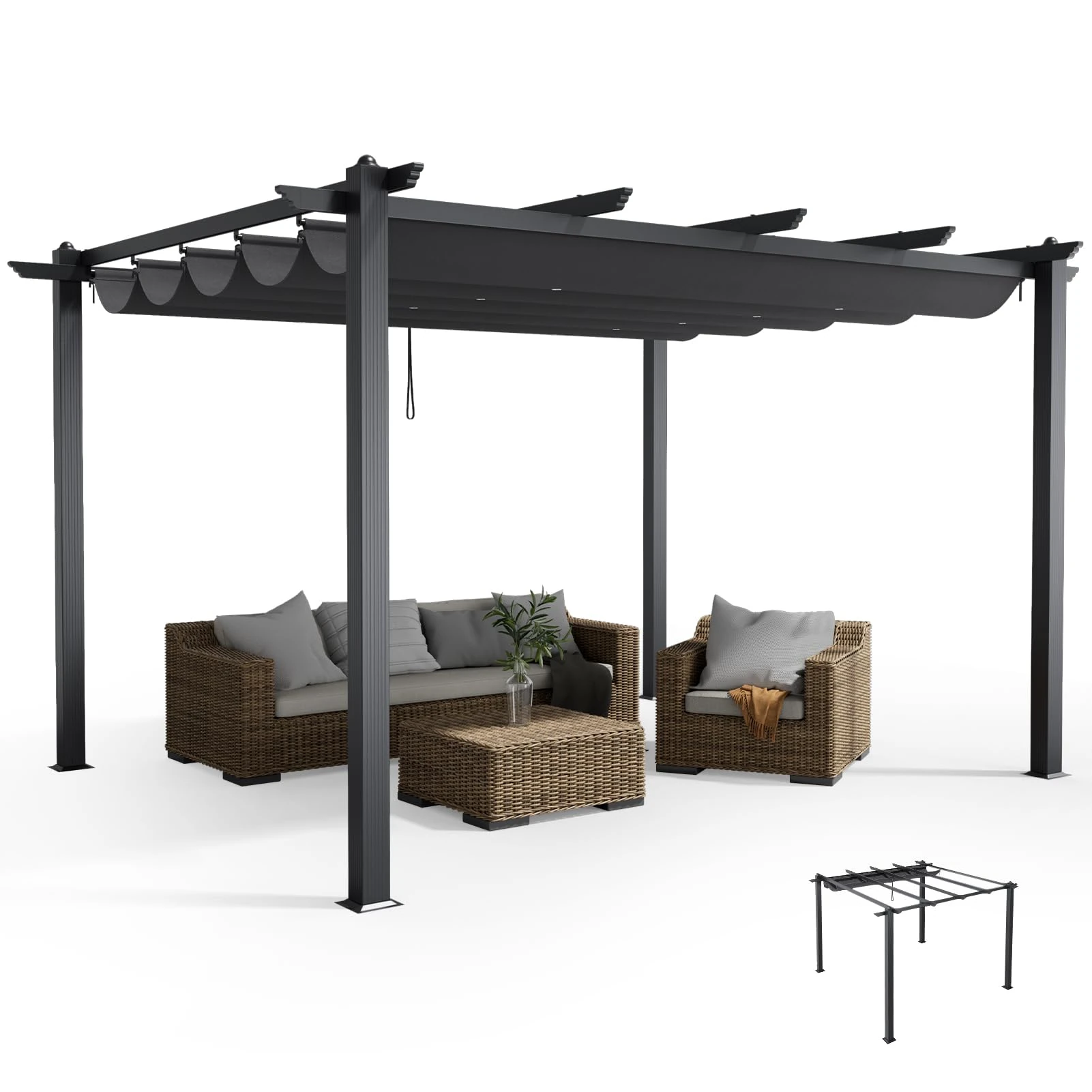 The Fellie 3M x 4M Aluminium Pergola with Retractable Roof, Outdoor Garden Gazebos Waterproof, Metal Pergola for Garden, Party, Patio, Dark Grey