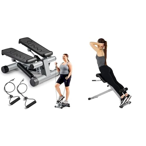 Sunny Health & Fitness Mini Stepper Machine with Resistance Bands, Air Climber Stepping Fitness Machine for Home Workout+ Sunny Health and Fitness 45 Degree Hyperextension Roman Chair, Steel, One Size