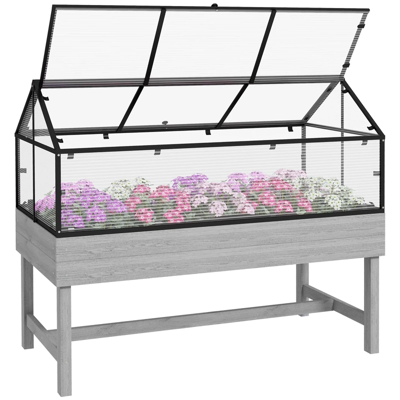 Outsunny Raised Garden Bed with Cold Frame Greenhouse, Elevated Wood Planter Box with Polycarbonate Panel and Top Vent for Vegetables, Flowers, Herbs, 120 x 60 x 103cm, Distressed Grey