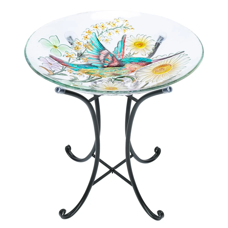 MUMTOP Bird Bath-Bird Baths for Outdoors - Hummingbird Glass Large Bird Bath Bowl with Metal Stand, Bird Feeders for Outside and Garden, Patio,Lawn Decor