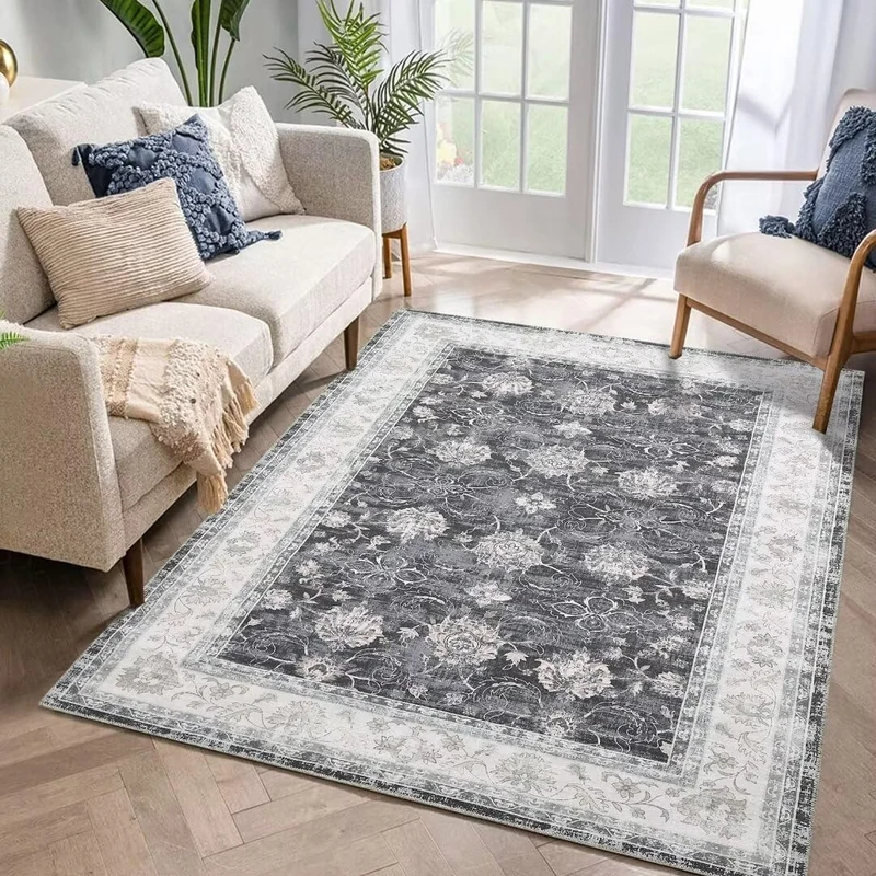 Auton Vintage Floral Print Area Rug, 160 x 230 cm, Black, Machine Washable, Non-Slip, Rectangular, Indoor, Living Room - Image 1