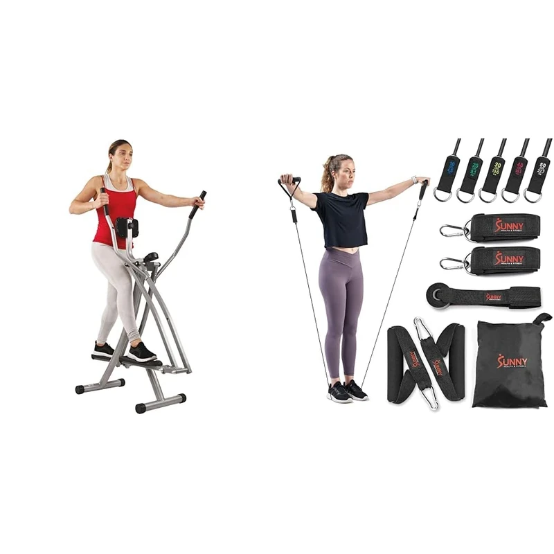 Sunny Health & Fitness Elliptical Cross Trainer w/LCD Monitor, Air Walker Exercise Machines + Premium esistance Band Set With Door Anchors, Wrist Straps, Handles & Carry Bag