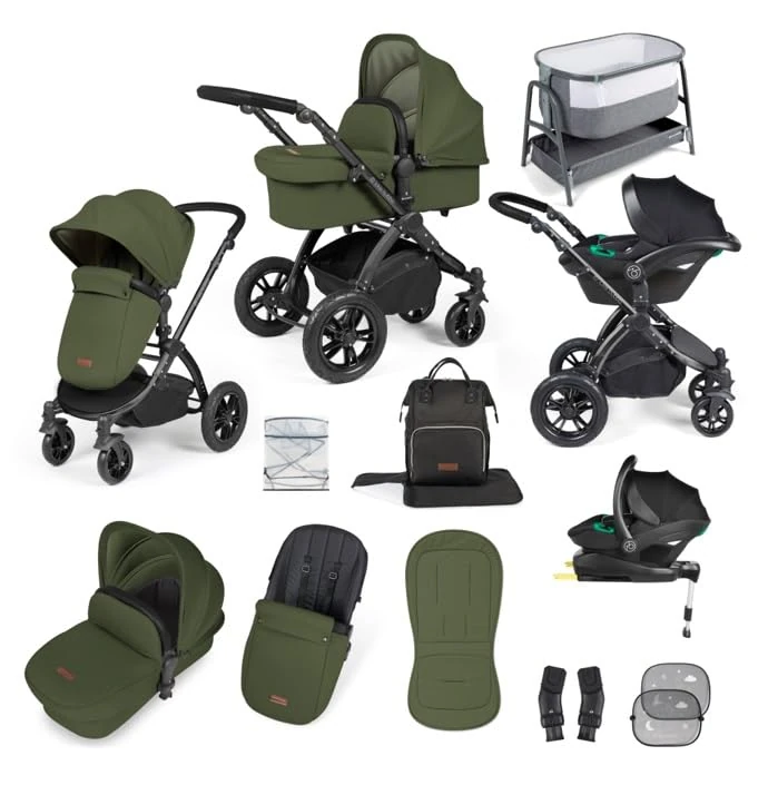 Get More for Less! Ickle Bubba Stomp Luxe 14-Piece Travel System Bundle with i-Size Stratus Car Seat & ISOFIX Base, Bubba&Me Crib, Pushchair, Footwarmers, Rain Cover & More - Black/Woodland/Black