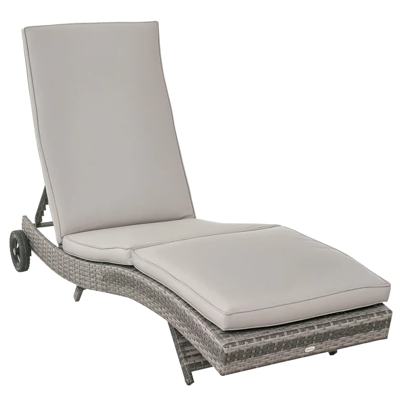 Outsunny Outdoor PE Rattan Sun Lounger, Wicker Garden Lounger with Cushion, 5-Level Adjustable Backrest, Rolling Sunbed with Wheels for Patio Beach, Grey