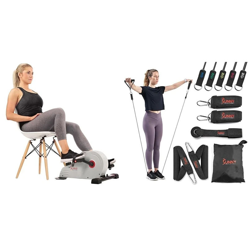 Sunny Health & Fitness Magnetic Under Desk Pedal Exerciser, Dual Function Mini Exercise Cycle Bike + Premium Resistance Band Set With Door Anchors, Wrist Straps, Handles & Carry Bag