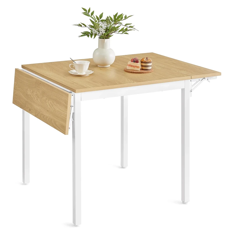 VASAGLE Folding Dining Table, Drop Leaf Extendable, for Small Spaces, Seats 2-4 People, Industrial, 78 x 120 x 76.2 cm, Natural Oak and Cloud White KDT077Y01