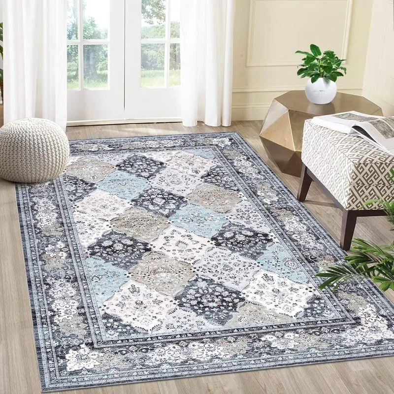 Auton Boho Rugs, Washable Rugs for Living Room, Non-Slip Thin Throw Rug for Dining Room Table, Rug with Floral Print, Distressed Look for Bedroom, Kitchen, Office, Blue, 160 x 230 cm - Image 1