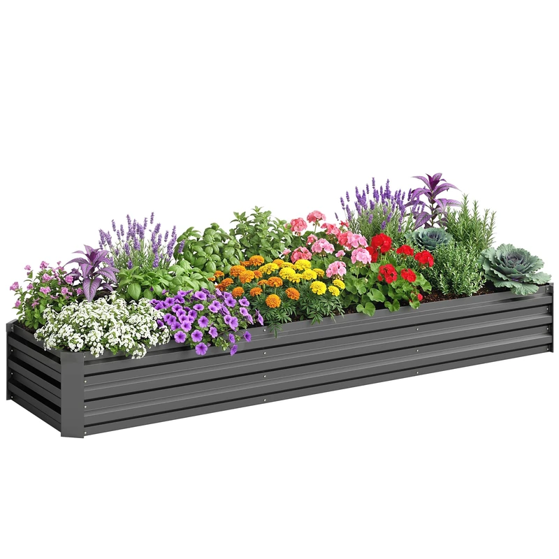 Outsunny Galvanised Raised Bed for Garden, Rectangular Outdoor Elevated Planter Box with Safety Edging and Open Bottom for Growing Flowers, Herbs and Vegetables, 240 x 60 cm, Grey