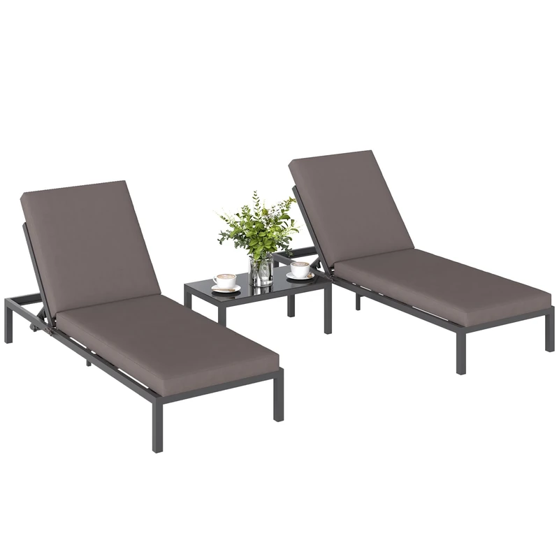 Outsunny 3 Pieces Garden Sun Loungers Set with Cushion, 5-level Adjustable Outdoor Recliner Bed Set w/Glass Top Table, 2-In-1 Design Aluminium Frame Recliner Lounge or Use As Sofa Bed, Grey