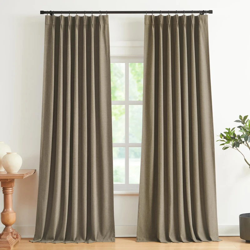 Vision Home Brown Pinch Pleated Full Blackout Curtains Linen Blended Room Darkening Window Curtains 102 inch for Living Room Bedroom Thermal Insulated Pinch Pleat Drapes with Hooks 40" Wx102 Lx2