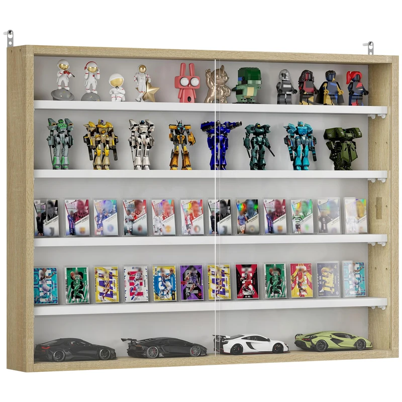 HOMCOM 5-Tier Wall Mounted Display Cabinet, Display Case with 4 Adjustable Shelves, Glass Doors for Home Office Ornaments 60x80cm, Natural - Image 1