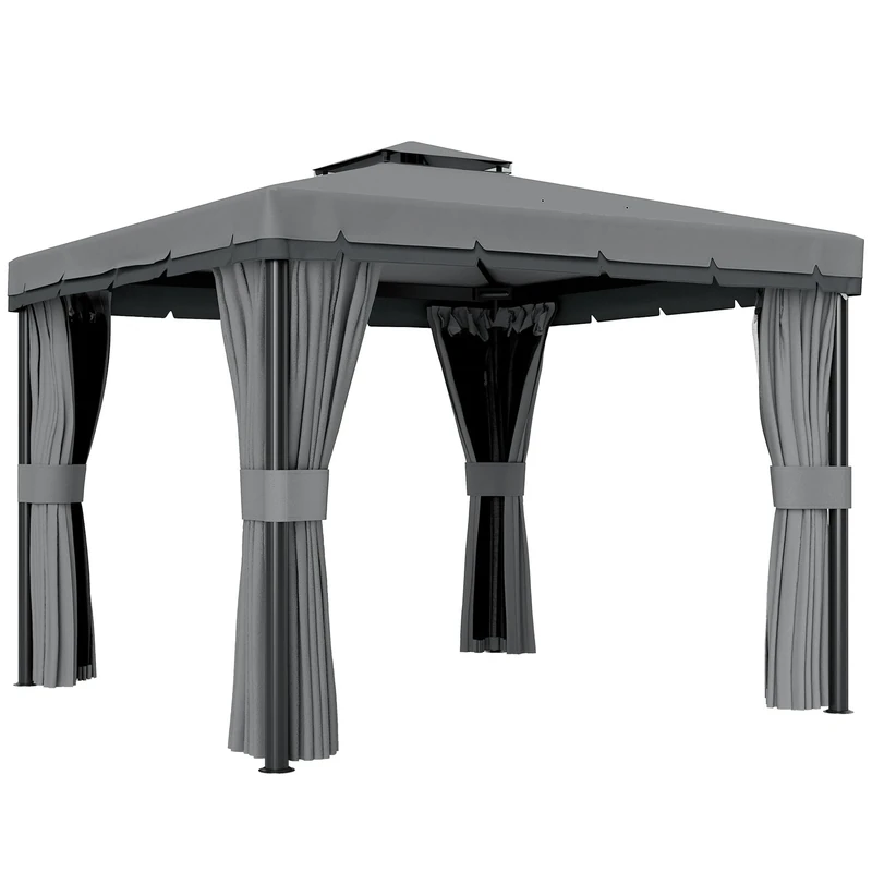 Outsunny 3 x 3(m) Patio Gazebo Canopy Garden Pavilion Tent Shelter Marquee with 2 Tier Water Repellent Roof, Mosquito Netting and Curtains, Aluminium Frame, Light Grey