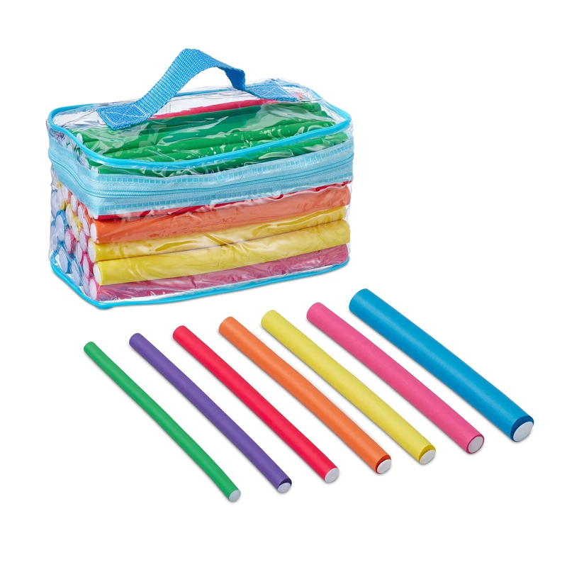 Relaxdays Curlers, Set of 48, Different Sizes, Flexible Rods, No Heat Curls, for Long & Short Hair, with Travel Bag, Rubber, 10 x 18 x 10 cm