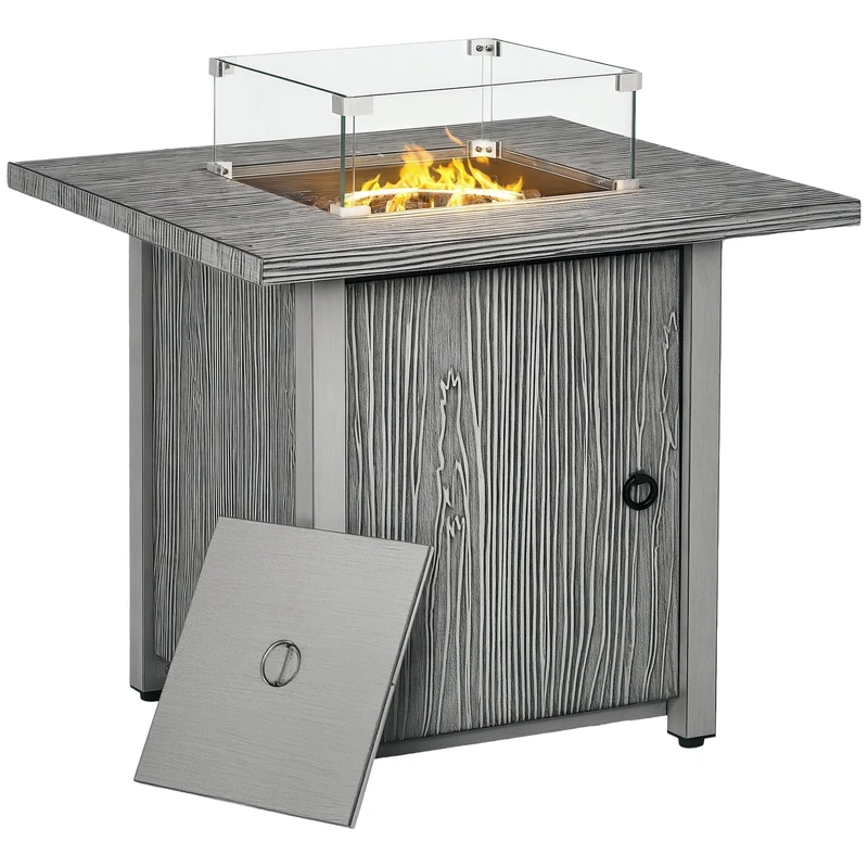 Outsunny Propane Gas Fire Pit Table for Garden, 40000 BTU Smokeless Firepit Outdoor Patio Heater with Waterproof Cover, Glass Screen, Glass Beads and Lid, Wood Effect, 71 x 71 x 63cm, Grey