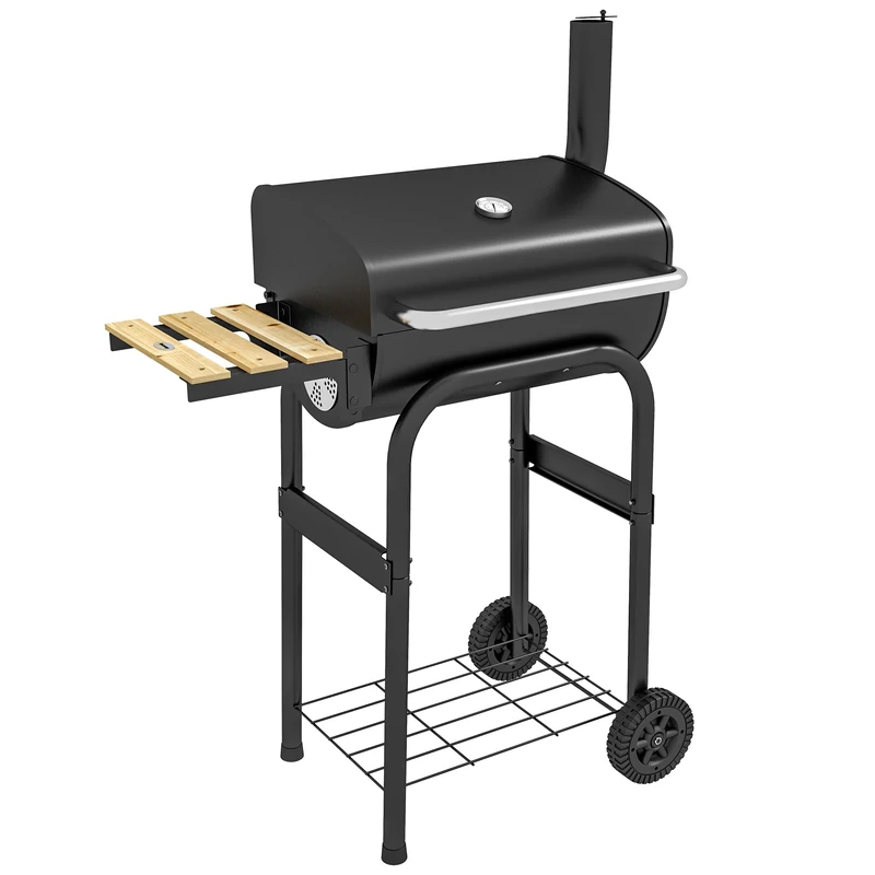 Outsunny Charcoal Barbecue Grill with Shelves, Portable BBQ Trolley Smoker with Wheels, Lid, Thermometer, Chimney for Outdoor Garden Party Cooking, Black