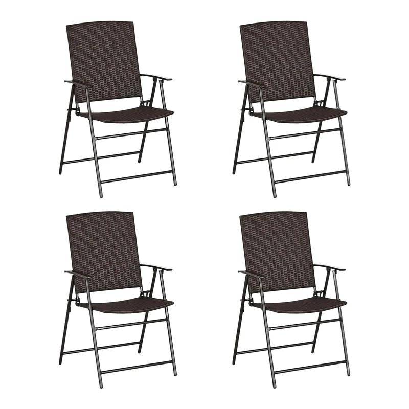 Outsunny Folding Garden Chairs Set of 4, PE Rattan Garden Dining Chairs with Armrests, High Back and Steel Frame, Weather Resistant Outdoor Dining Furniture for Patio, Balcony, Brown