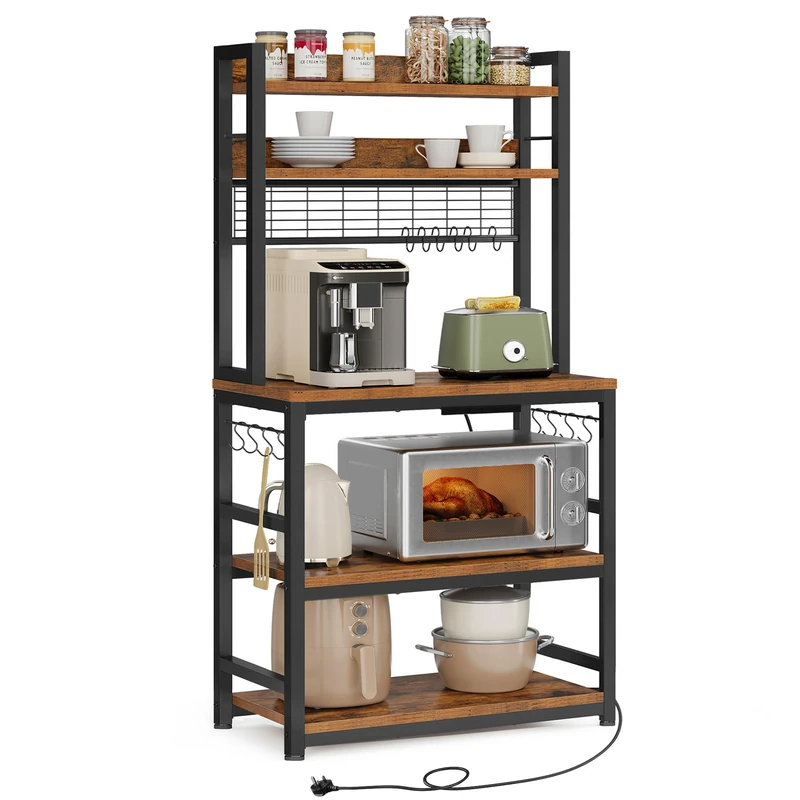 VASAGLE Kitchen Storage Rack with Power Outlet, Coffee Bar, Baker's Rack, with Metal Wire Panel, 14 Hooks, for Microwave, Steel Frame, 40 x 80 x 170 cm, Rustic Brown and Ink Black KKS025K01