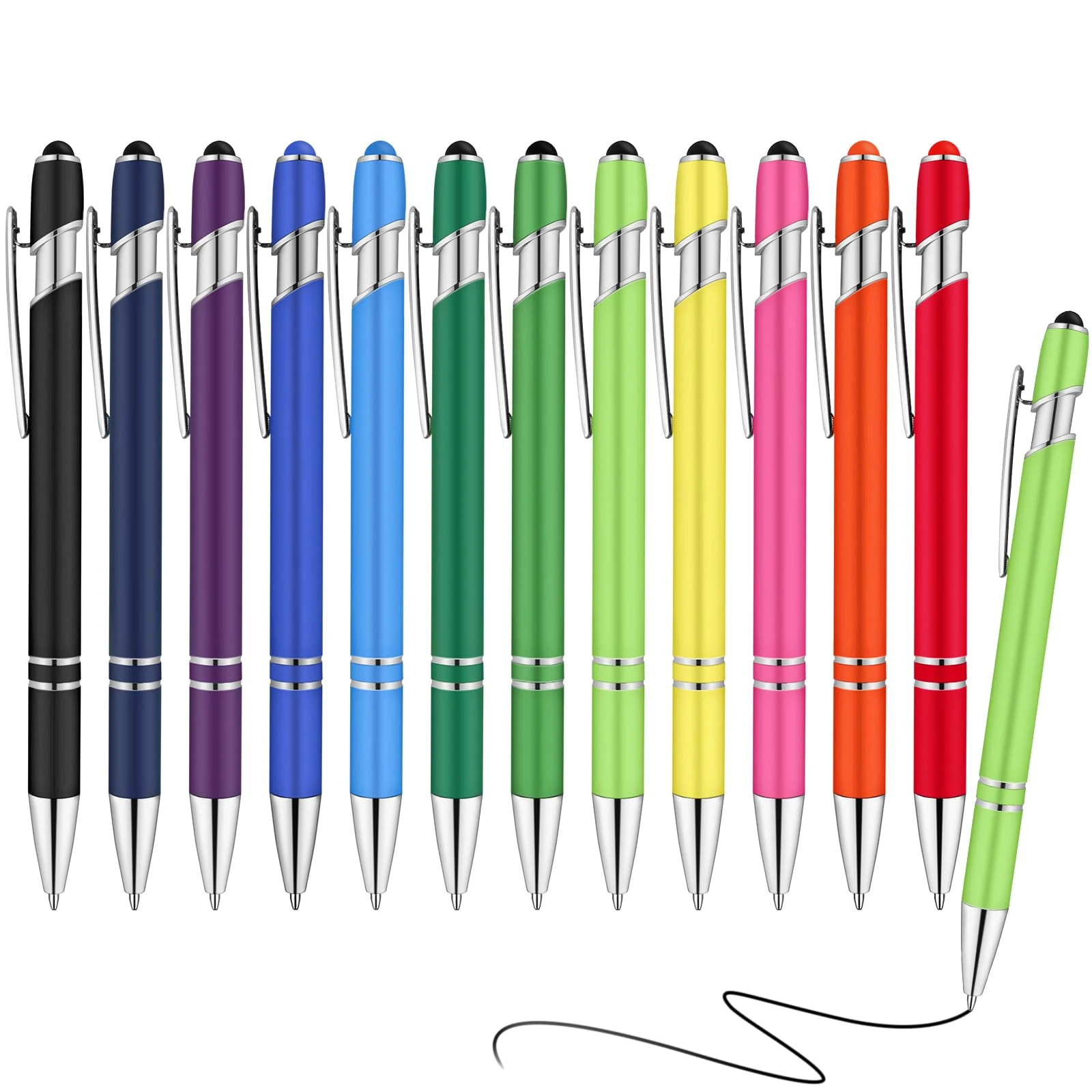 AUAUY 12 Pcs 2-in-1 Stylus Ballpoint Pen Set with Rubber Top Tip for Tablets, Pretty Metal Design, Black Ink Office Supplies, Party Gifts for Students and Adults