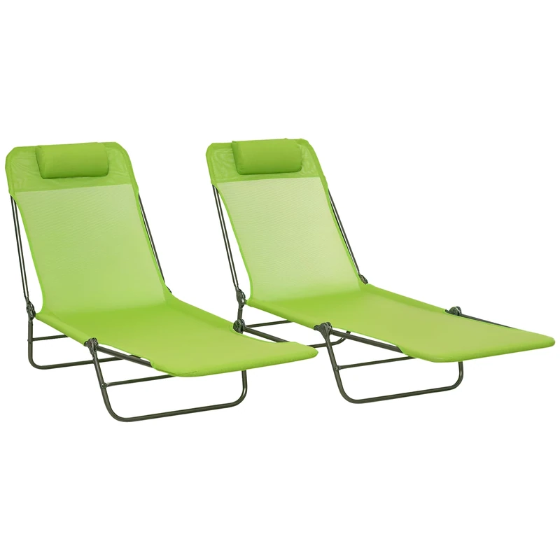 Outsunny Outdoor Foldable Sun Loungers Set of 2, Adjustable Backrest Garden Recliner Sun Lounger Chair with Headrest Pillow, Green