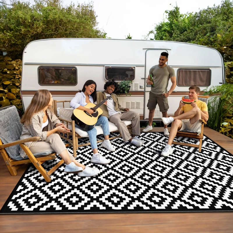 Green Decore Reversible Recycled Plastic Camping and Picnic Rugs | Perfect for Garden, Patio, Picnic, Decking | Stain And Water Resistant | Bliss Black/White 270 x 360 cm