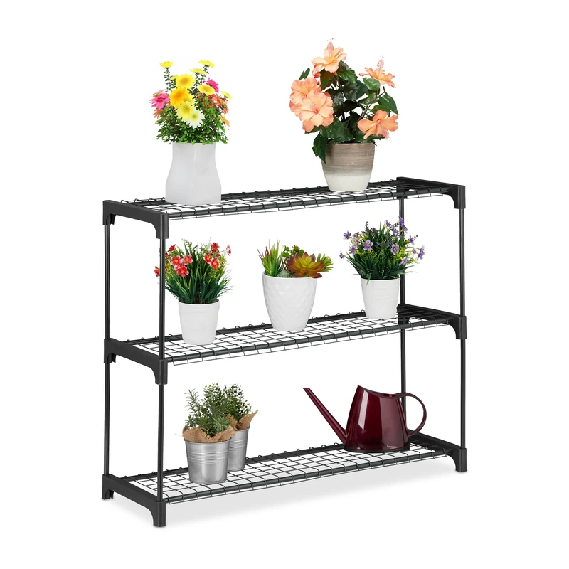 Relaxdays Plant Shelf, 3 Levels, for Flower Pots and Decorations, Indoor, Metal & Plastic, HWD: 72 x 91 x 28 cm, Black, Steel
