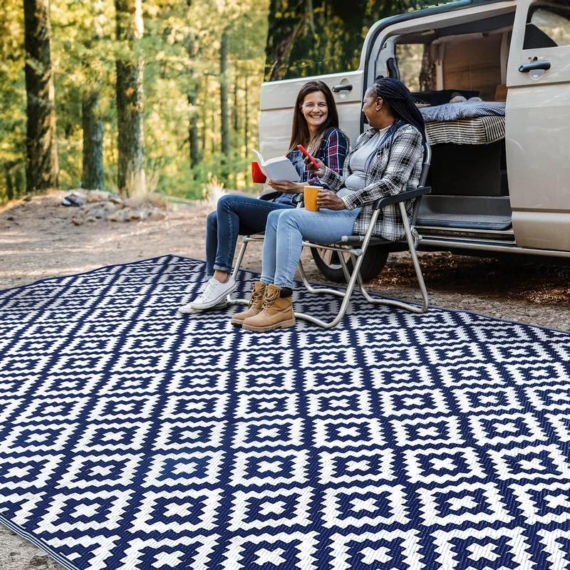 Green Decore Reversible Recycled Plastic Camping and Picnic Rugs | Perfect for Garden, Patio, Picnic, Decking | Stain And Water Resistant | Bliss Navy Blue/White 270 x 360 cm - Image 1