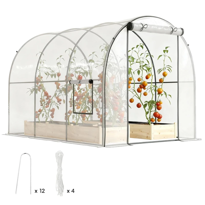 Outsunny 3 x 2 x 2m Polytunnel Greenhouse with Roll-up Door and Mesh Window, Walk-in Grow House Tent with Plastic Cover and Steel Frame, Clear