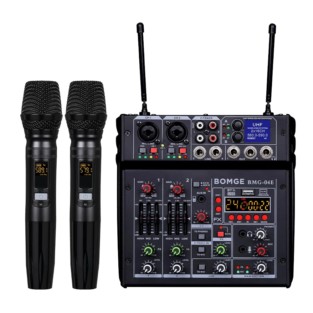 BOMGE 04E karaoke Audio mixer,4 Channel Mixer With Dual UHF Wireless Mic, Sound Board Console MP3 Bluetooth 48V Phantom Power USB Audio Interface DJ Mixing for Party Computer Studio Recording