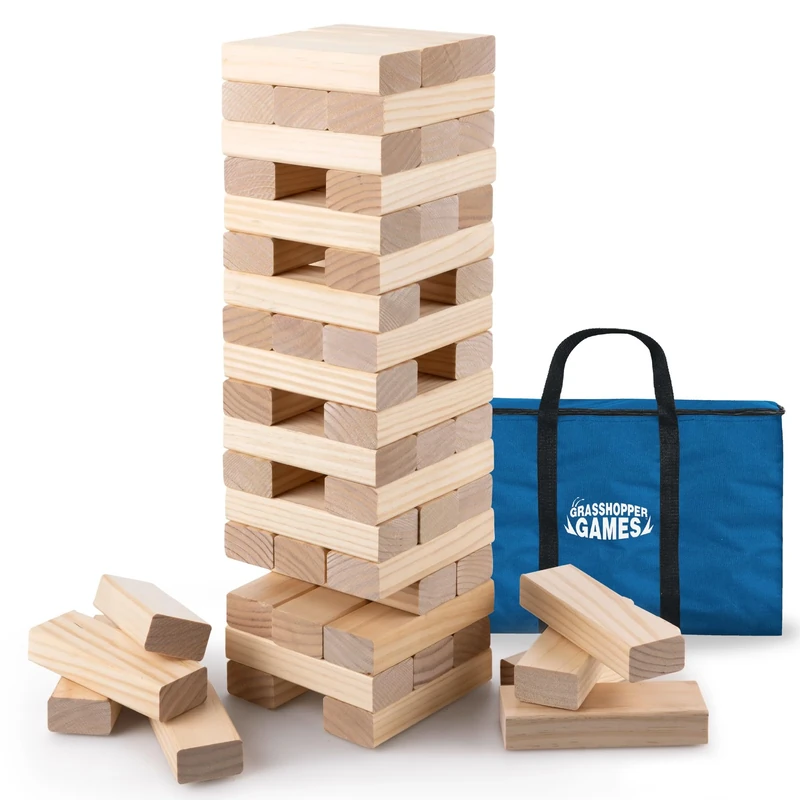 Grasshopper Games Giant Stack ‘N’ Fall, Large Classic Stacking Timber Game, Tumble Tower for Kids and Adults, 54 Wooden Blocks