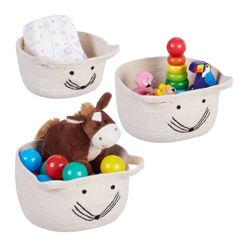 Relaxdays Storage Basket, Set of 3, Mouse Design, 3, Toy Organiser for Children's Room, White/Black, Jute, Various sizes