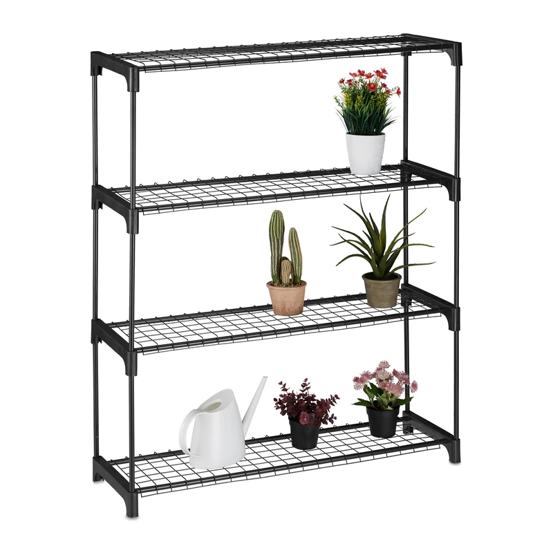 Relaxdays Plant Shelf, 4 Levels, for Flower Pots and Decorations, Indoor, Metal & Plastic, HWD: 106 x 91 x 28 cm, Black