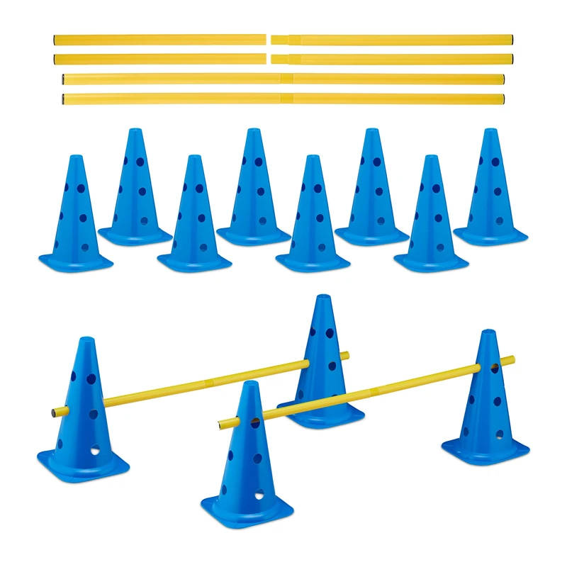 Relaxdays 18-Piece Hurdle Set, Dog Agility & Football Training, 12 Cones & 6 Poles, Obstacle Sports Course, Blue/Yellow