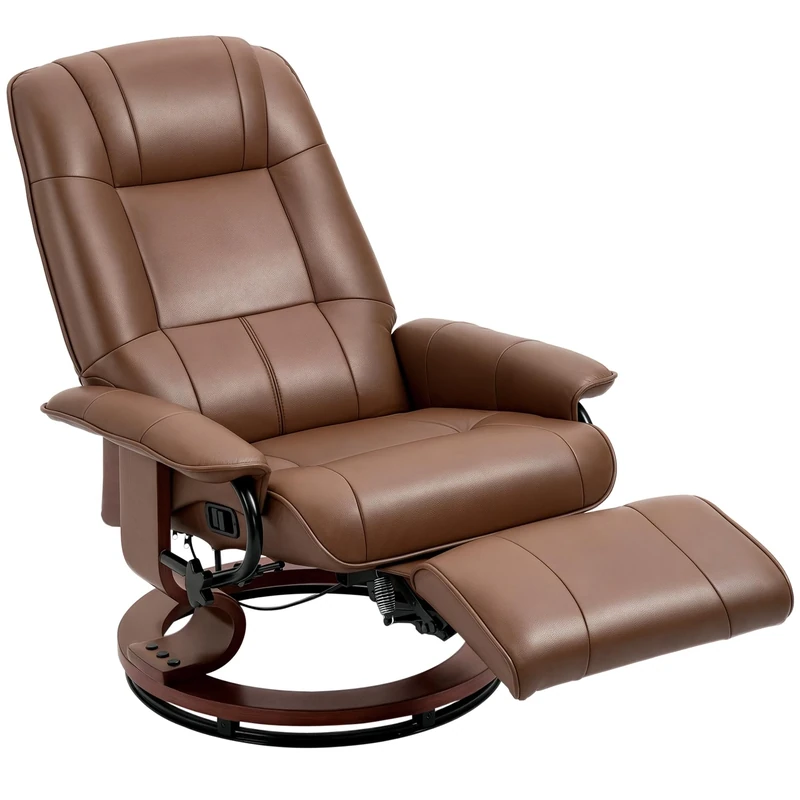 HOMCOM 360° Swivel Recliner Chair with Footstool, Manual Recliner Armchair with Wooden Base, Faux Leather Upholstered Reclining Chair for Living Room, Bedroom, Office, Brown