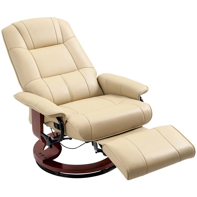 HOMCOM 360° Swivel Recliner Chair with Footstool, Manual Recliner Armchair with Wooden Base, Faux Leather Upholstered Reclining Chair for Living Room, Bedroom, Office, Cream White