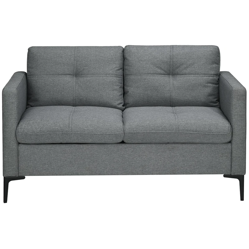 HOMCOM 2 Seater Sofa for Living Room, 133cm Loveseat Sofa, Modern Fabric Couch with Steel Legs for Bedroom, Dark Grey