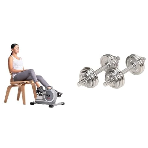 Sunny Health & Fitness Magnetic Under Desk Mini Exercise Cycle Bike, Dual Function Pedal Exerciser SF-B020026 and Unisex's 15 KG Chrome Dumbbell Set