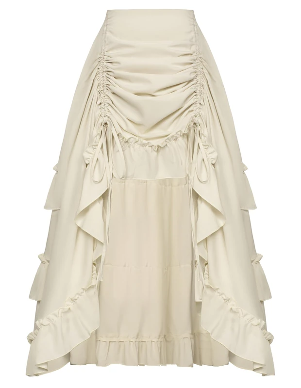 SCARLET DARKNESS Women's 2024 Summer Skirt Gothic Steampunk Skirt Victorian High-Low Bustle Skirt, New Ruffle-Beige, M