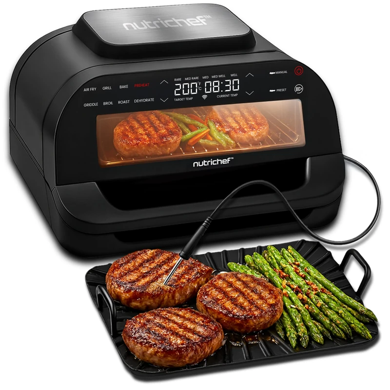 NutriChef Indoor Smokeless Grill and Air Fryer Combo, 7-in-1 Electric Grill with 6L Capacity, Includes Smart Thermometer, Temperature Control, Non-Stick Removable Plates For Frying, Roasting, and More