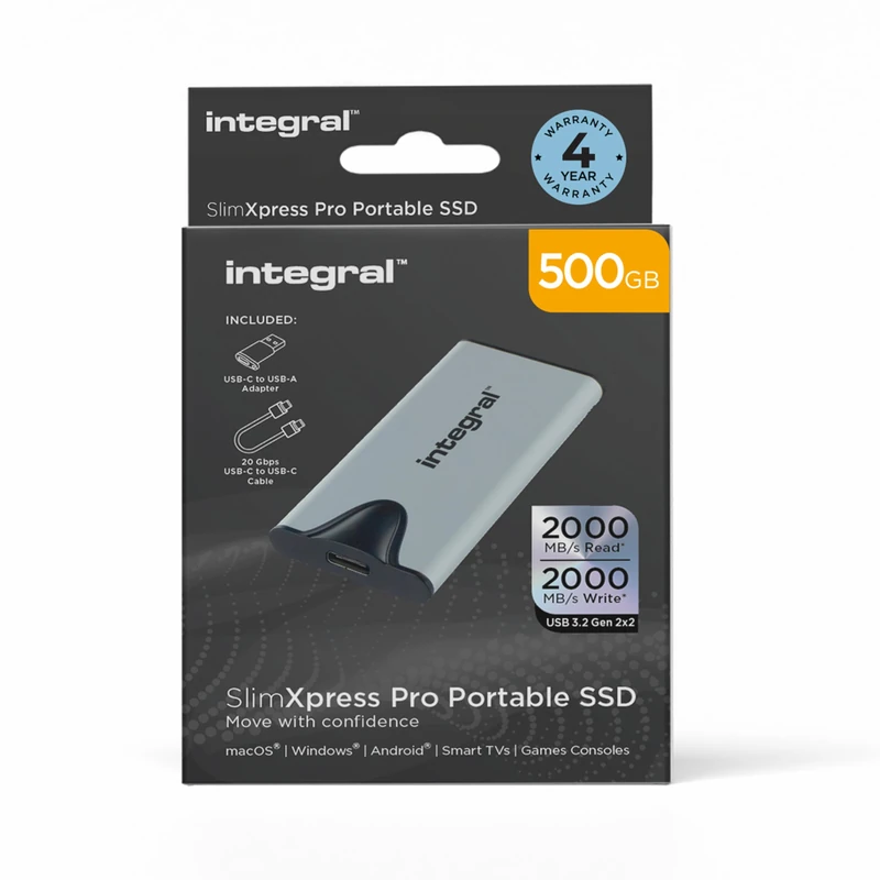 Integral SlimXpress Pro 500GB Portable SSD External Hard Drive: USB-C, 2000MB/s Read/Write, USB 3.2 Gen 2x2, Compact Design, Plug & Play, Compatible with Mac, Windows PC, Android, Xbox, PlayStation