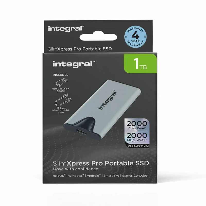 Integral SlimXpress Pro 1TB Portable SSD External Hard Drive: USB-C, 2000MB/s Read/Write, USB 3.2 Gen 2x2, Compact Design, Plug & Play, Compatible with Mac, Windows PC, Android, Xbox, PlayStation