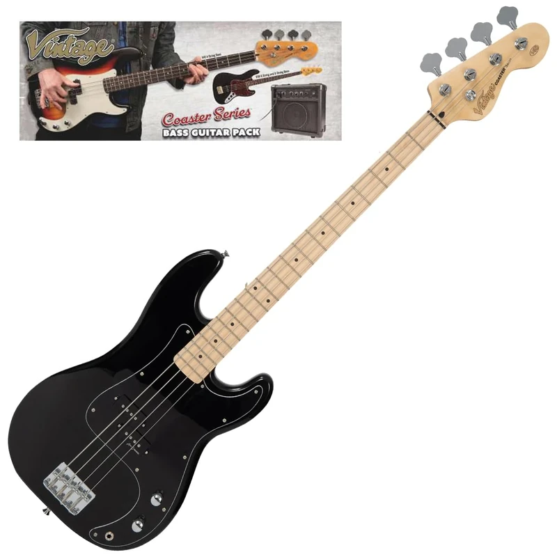 VINTAGE V40 MAPLE COASTER BASS GUITAR PACK - GLOSS BLACK