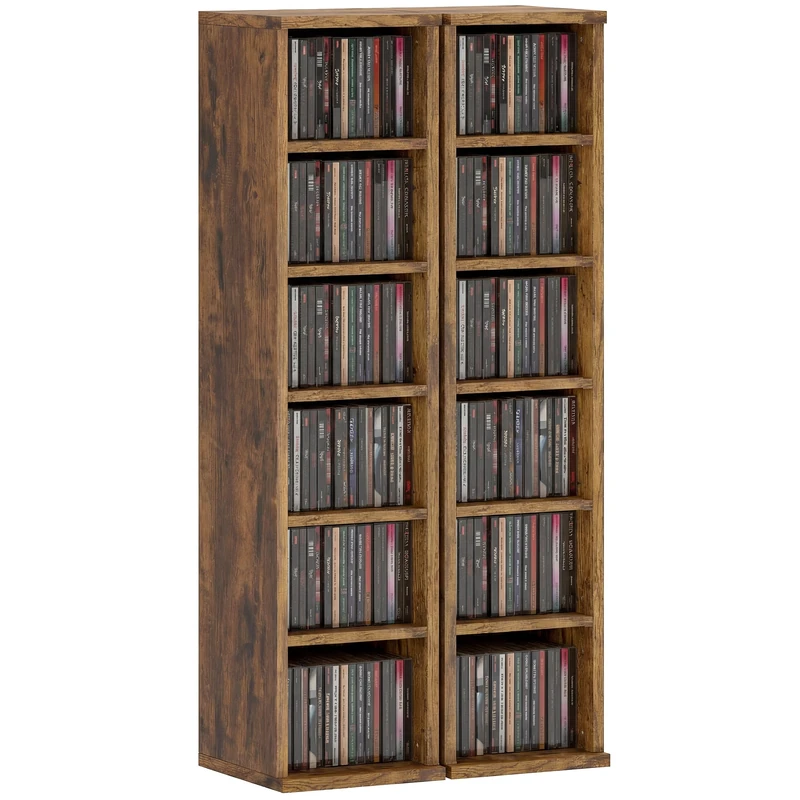 HOMCOM 204 CD Storage Units Set of 2, Blu-Ray Tower Rack with Adjustable Shelves, Bookcase Storage Organiser, Rustic Brown