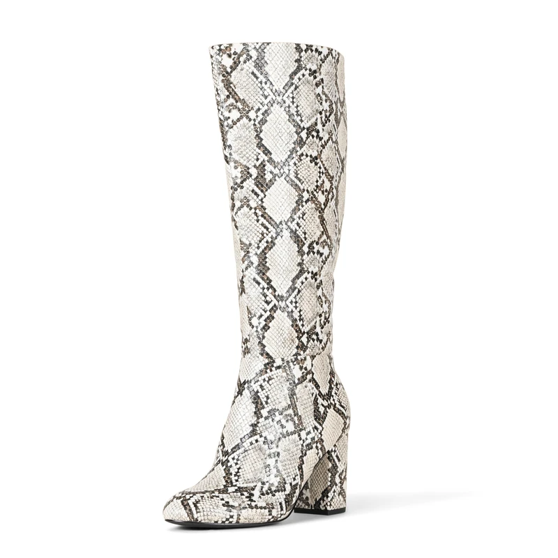 Amazon Essentials Women's Tall Knee High Block Heel Boots, Snake Faux Leather, 10 UK Wide