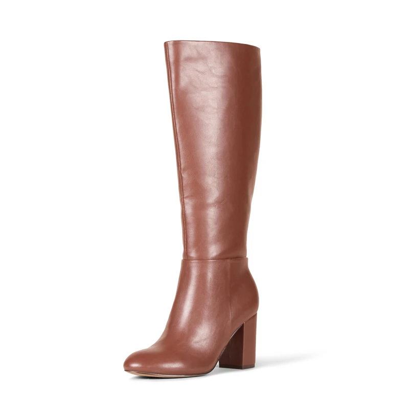 Amazon Essentials Women's Tall Knee High Block Heel Boots, Chestnut Brown Faux Leather, 2 UK