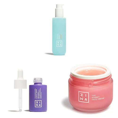 3INA MAKEUP - The Blue Cleanser + The Purple Bakuchiol Serum + The Sorbet Face Cream - Gel Face Wash - Serum for Firm Smooth & No Imperfections Skin - Moisturising Cream - Vegan - Cruelty Free