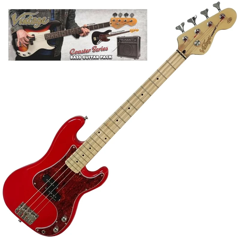 VINTAGE V30 COASTER 7/8 BASS GUITAR PACK - GLOSS RED