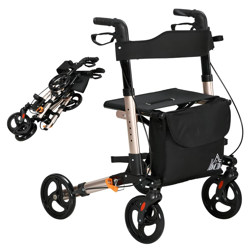 HOMCOM Rollator Walker with Seat, Compact Quick Folding Mobility Walker with 8" Wheels, Carry Bag, Adjustable Height, Cane Holder and Lightweight Aluminium Frame for Seniors and Disabled, Gold Tone